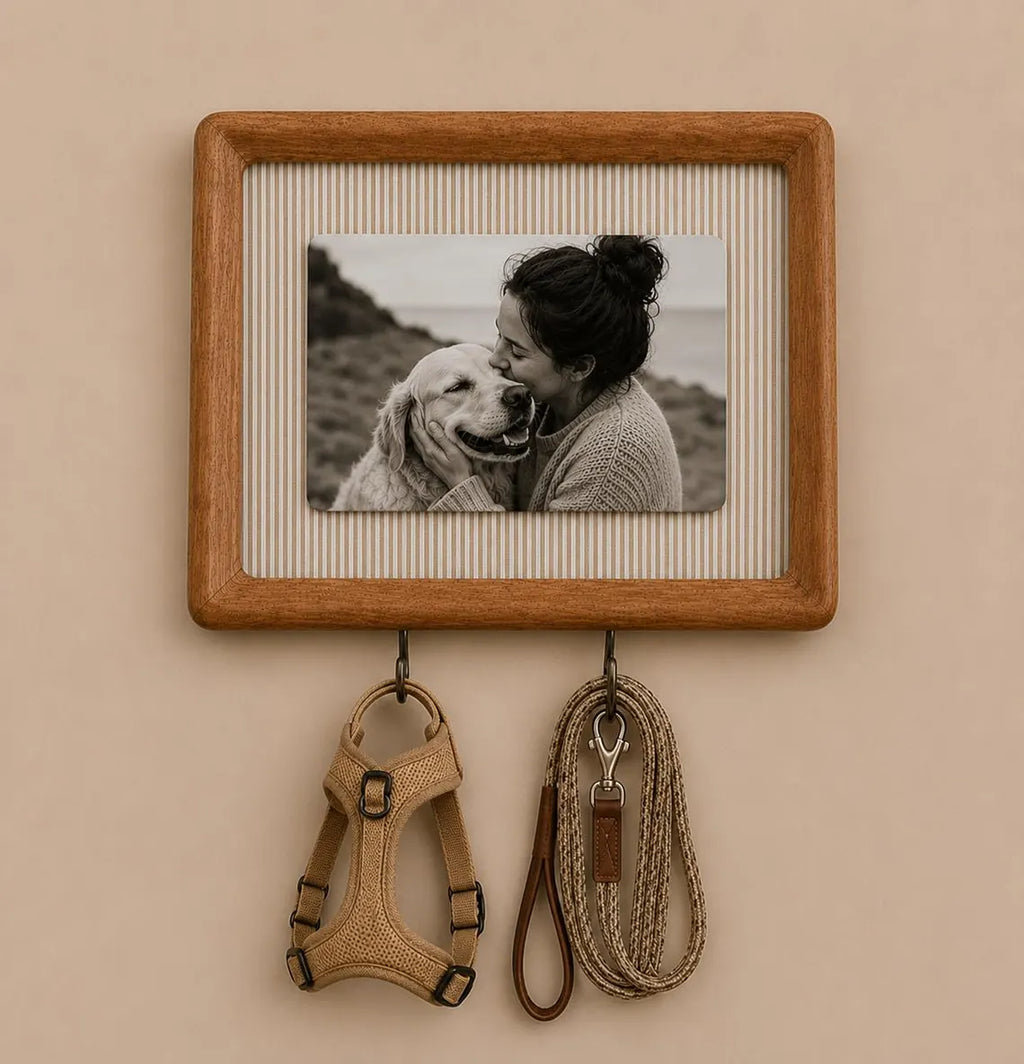 Handmade wooden pet memorial photo frame with elegant gold hooks