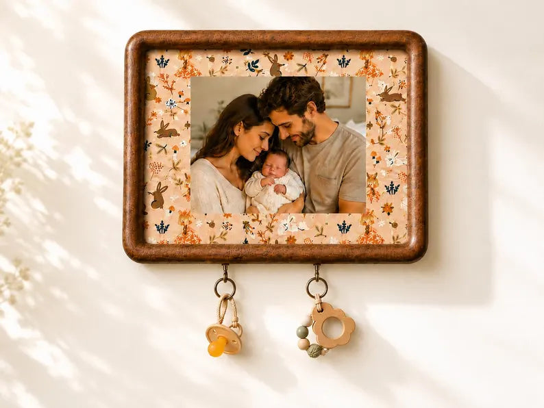 Solid wood baby photo frame and accessory holder for nursery