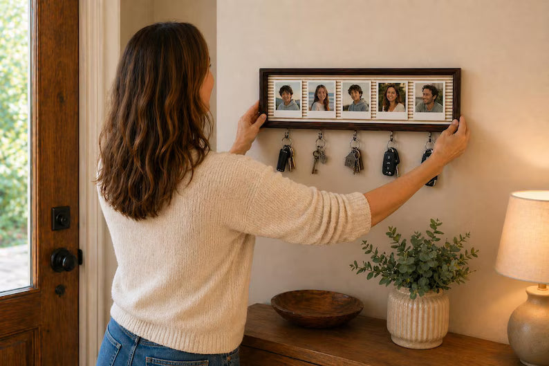 Premium wooden photo display and key organizer for home