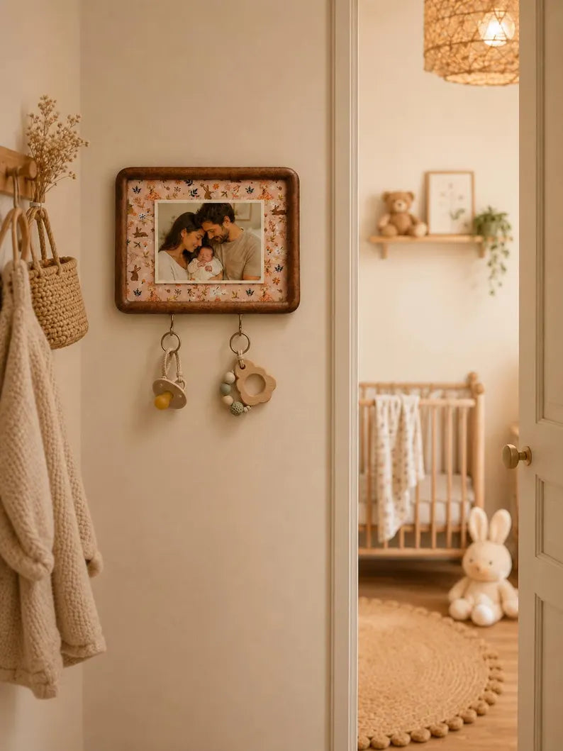 Wooden 4x6 baby picture frame with woodland fabric mat