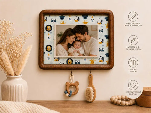Handmade wooden newborn photo frame with two metal hooks