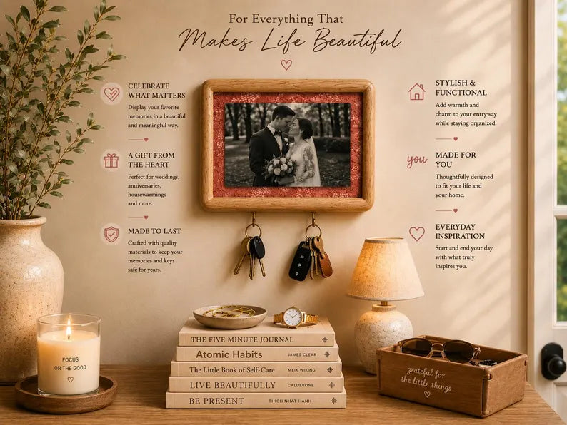Solid wood wedding keepsake frame for entryway organization
