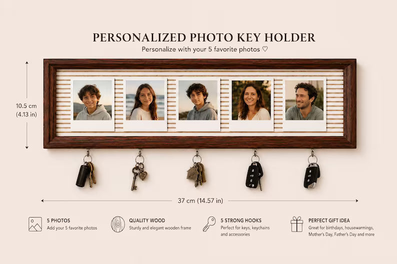 Solid wood photo frame holding five Polaroid-sized photos