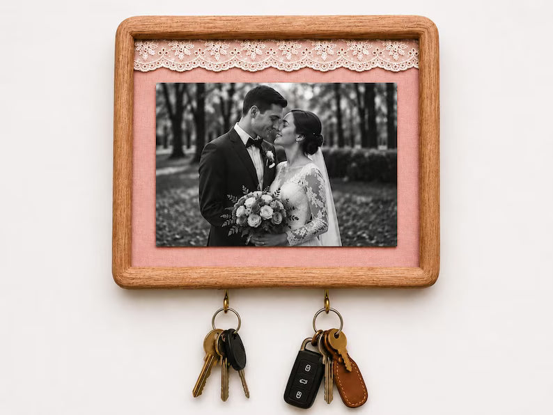Handmade wooden wedding photo frame with three metal hooks